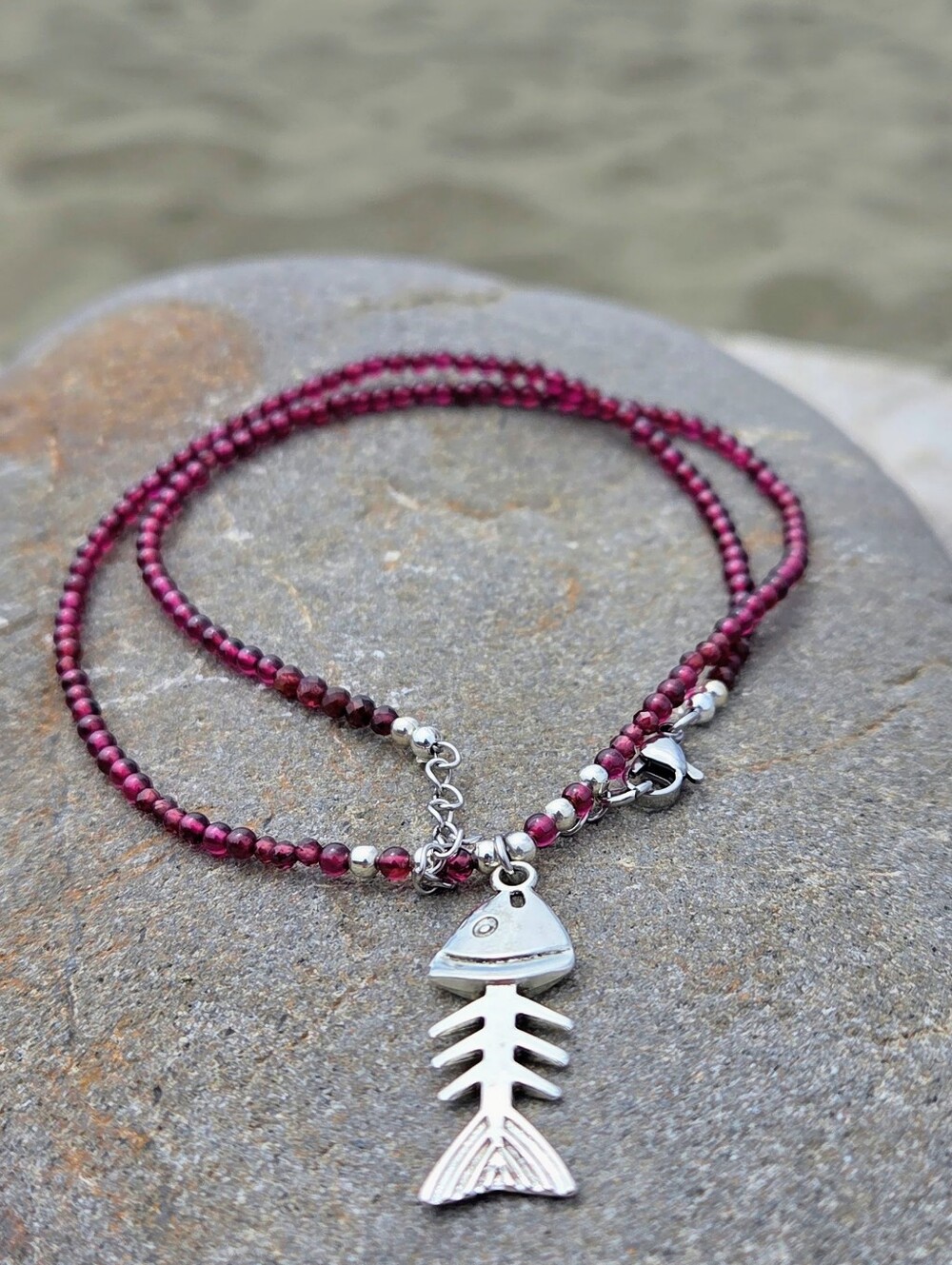 Natural Garnet Bead  Fish Bone Necklace -Boho Style